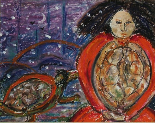 Turtle Woman 
Dreams of Riding Free
Oil Pastel, 8 x 10